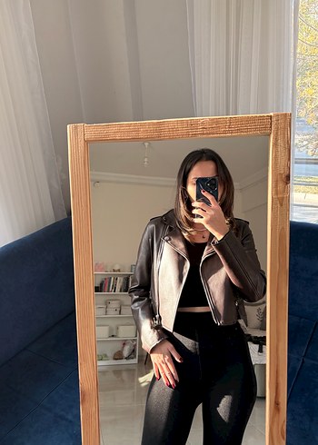 Kahverengi Deri Kadın Ceket Yüksek Yaka - Görsel 2