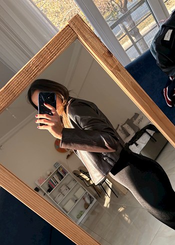 Kahverengi Deri Kadın Ceket Yüksek Yaka - Görsel 3