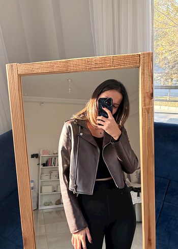 Kahverengi Deri Kadın Ceket Yüksek Yaka - Görsel 5