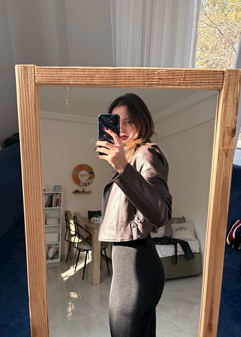 Kahverengi Deri Kadın Ceket Yüksek Yaka - Görsel 7