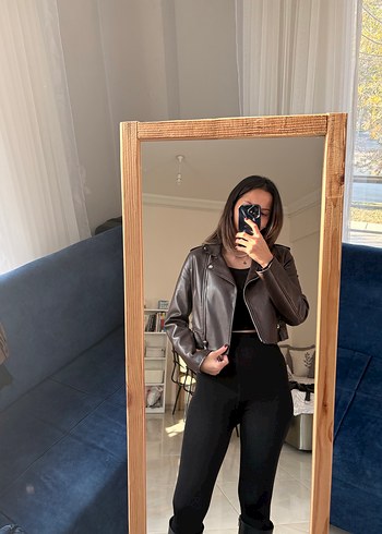 Kahverengi Deri Kadın Ceket Yüksek Yaka - Görsel 4