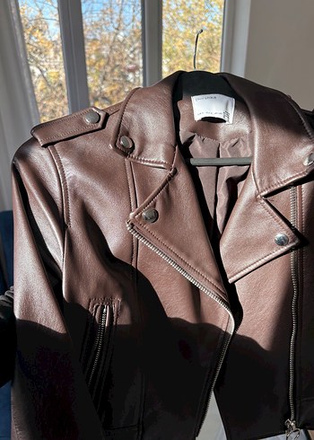 Kahverengi Deri Kadın Ceket Yüksek Yaka - Görsel 8