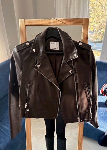 Kahverengi Deri Kadın Ceket Yüksek Yaka - Görsel 11