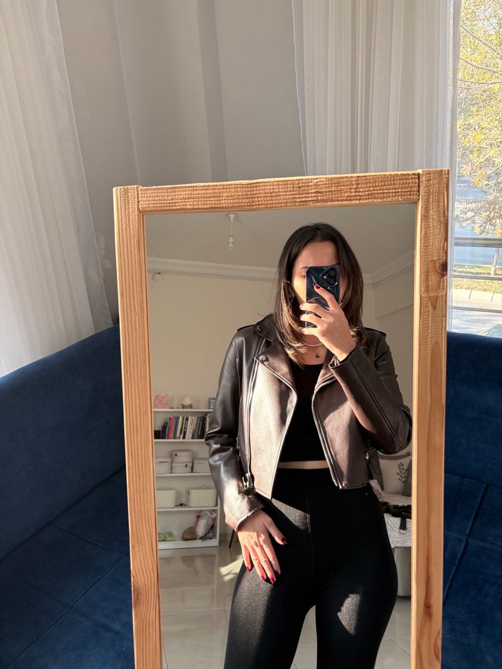 Kahverengi Deri Kadın Ceket Yüksek Yaka - Görsel 2