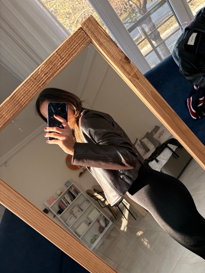 Kahverengi Deri Kadın Ceket Yüksek Yaka - Görsel 3