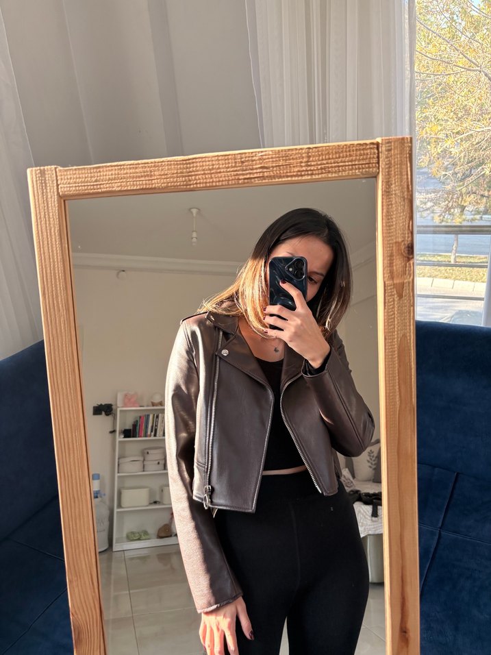 Kahverengi Deri Kadın Ceket Yüksek Yaka - Görsel 5