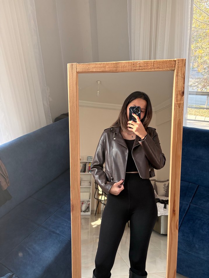 Kahverengi Deri Kadın Ceket Yüksek Yaka - Görsel 4