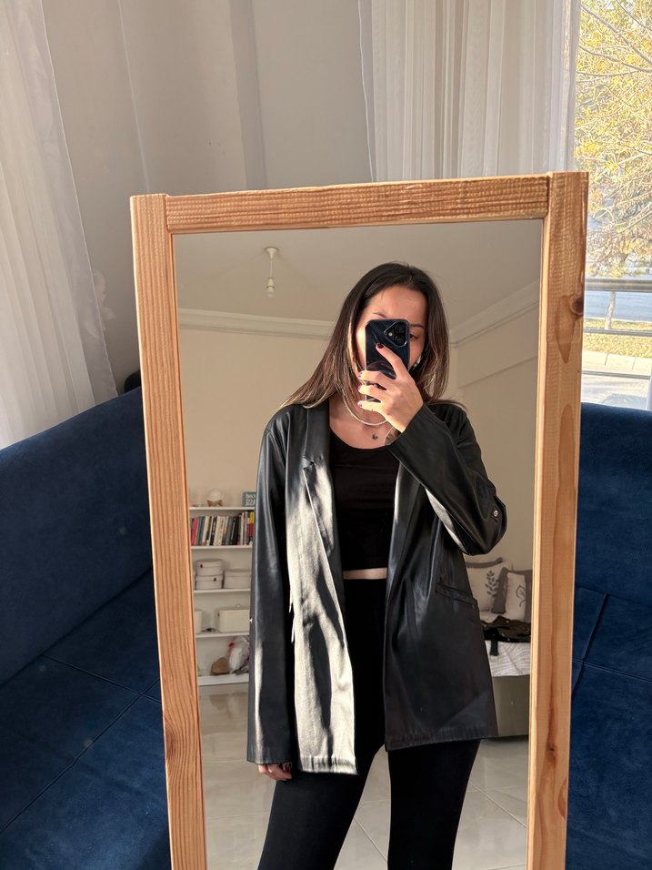 Siyah Rugan Deri Kadın Blazer Ceket - Görsel 2