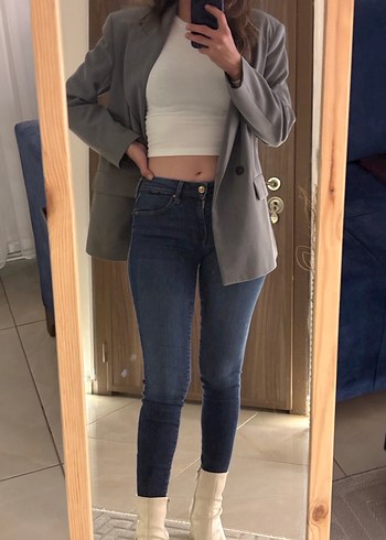 Gri Dar Kesim Boy Kadın Kot Pantolon - Görsel 4