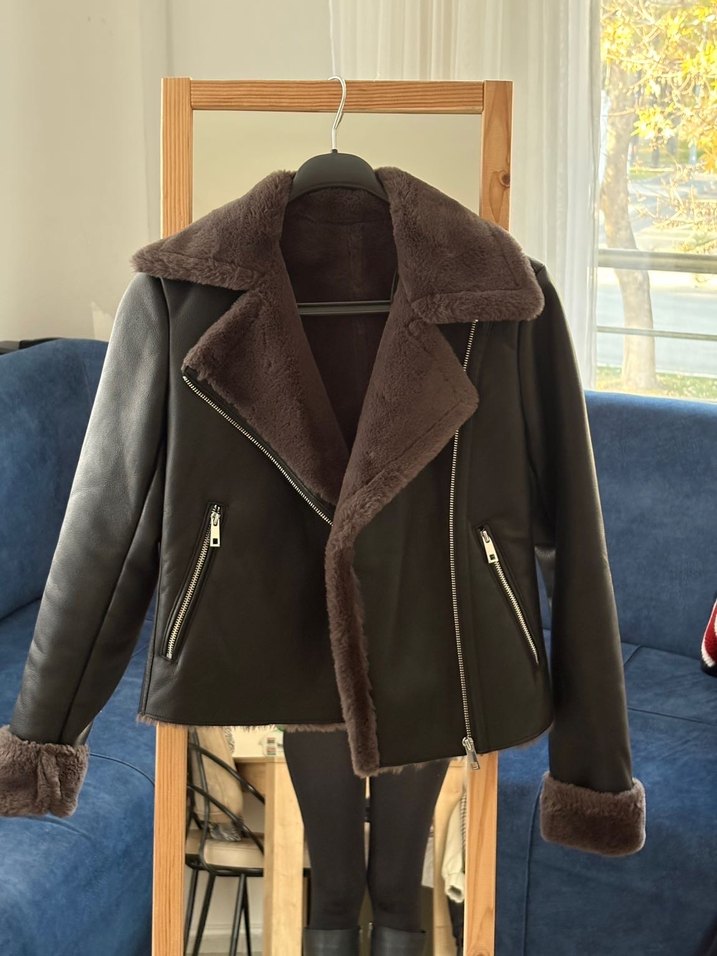 Acil satılıkKürk Detaylı Deri Kadın Biker Ceket - Görsel 4