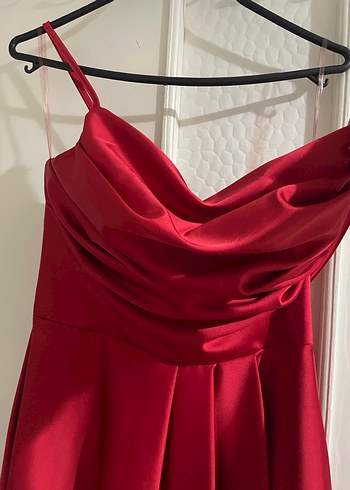 Kırmızı Drapeli V Yaka Midi Abiye Elbise - Görsel 4