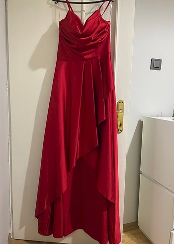 Kırmızı Drapeli V Yaka Midi Abiye Elbise - Görsel 2