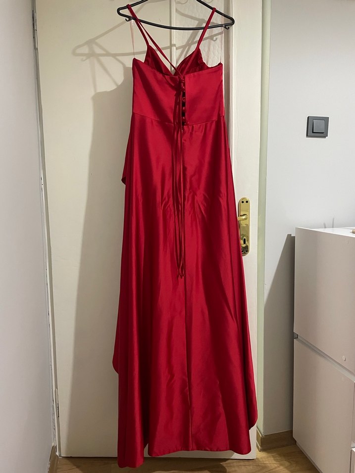 Kırmızı Drapeli V Yaka Midi Abiye Elbise - Görsel 3