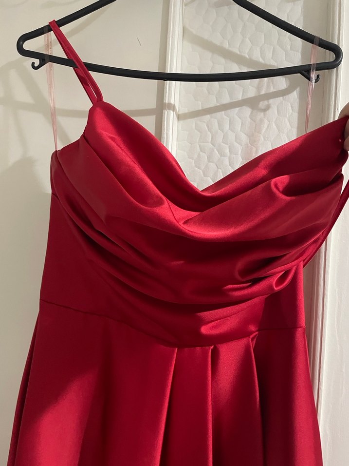 Kırmızı Drapeli V Yaka Midi Abiye Elbise - Görsel 4