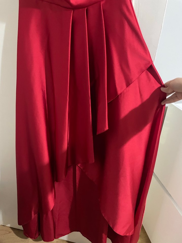 Kırmızı Drapeli V Yaka Midi Abiye Elbise - Görsel 5