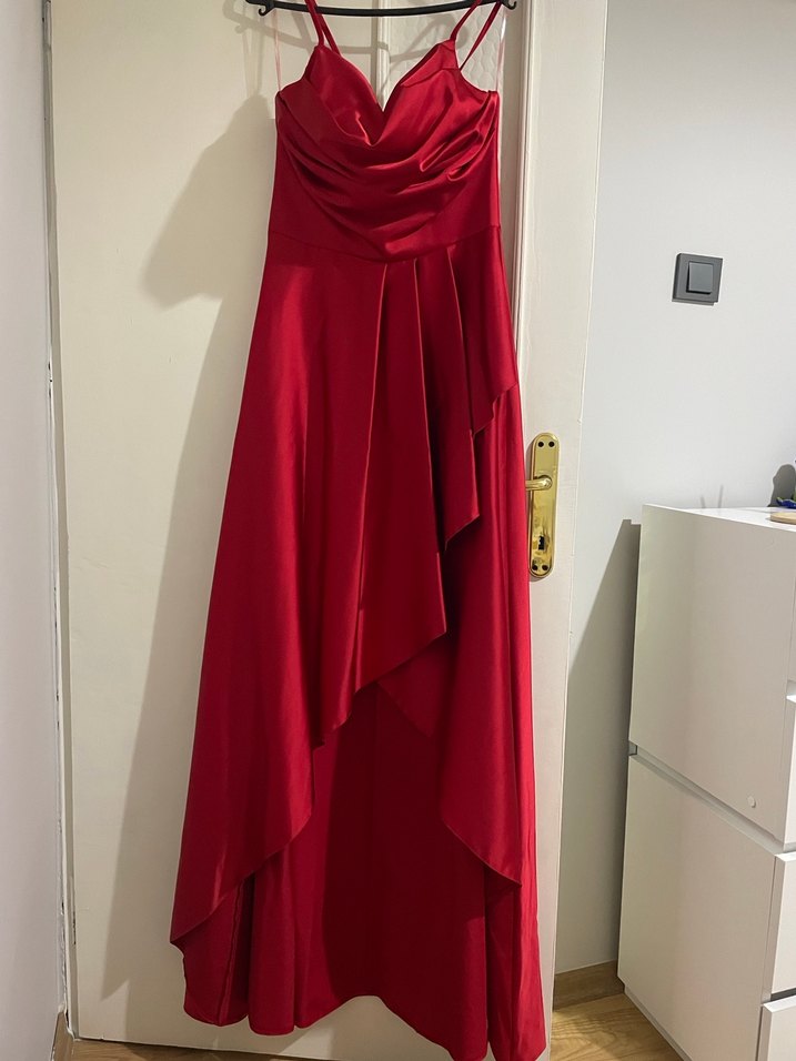 Kırmızı Drapeli V Yaka Midi Abiye Elbise - Görsel 2