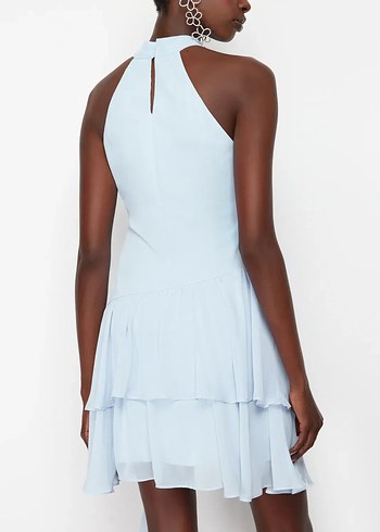 Mavi Mini Fırfırlı Kolsuz Kadın Elbise - Görsel 4