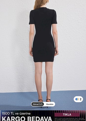 Siyah Mini Yüksek Yaka Kısa Kollu Elbise - Görsel 4