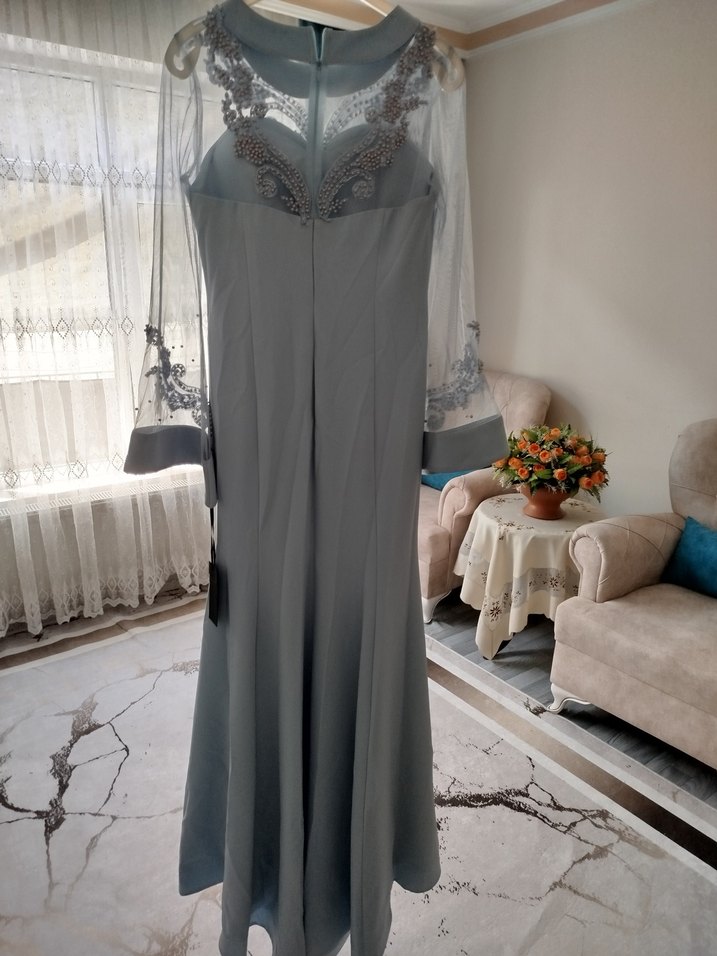 Mavi Uzun Kollu Nakışlı Kadın Elbise - Görsel 4