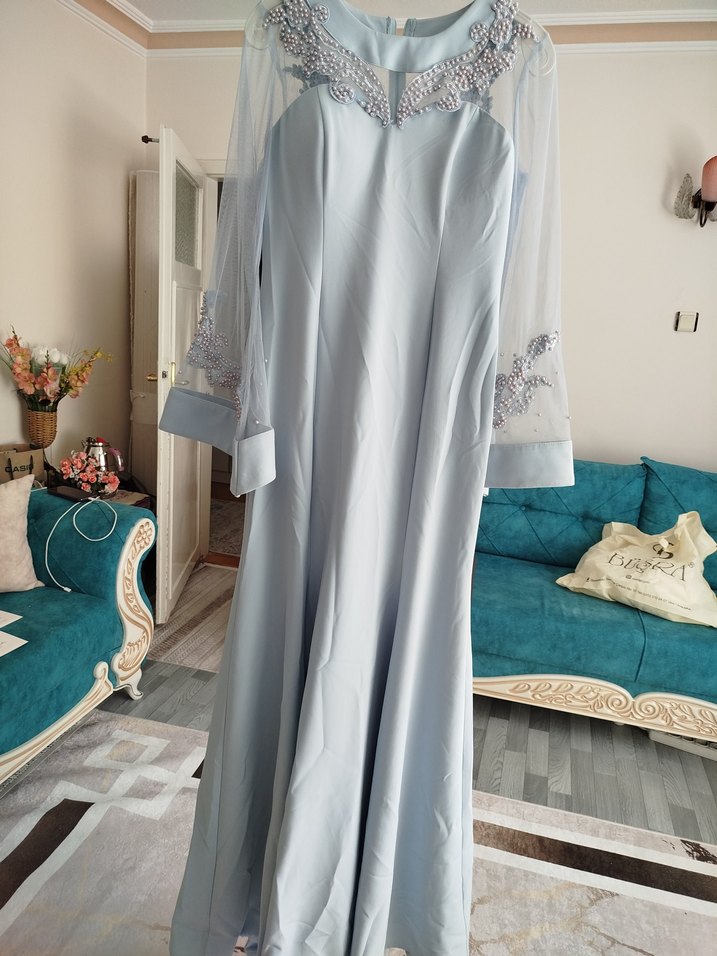 Mavi Uzun Kollu Nakışlı Kadın Elbise - Görsel 2