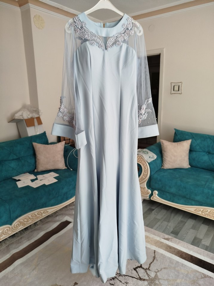 Mavi Uzun Kollu Nakışlı Kadın Elbise - Görsel 3