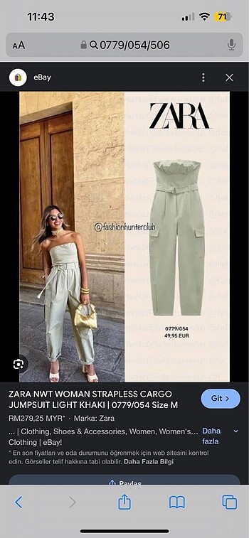 Orjinal Zara haki Tulum Pantolon