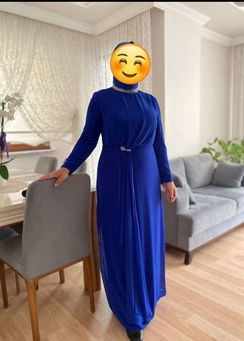 Mavi Uzun Drapeli Tesettür Abiye Elbise