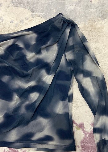 xl Beden Uzun Kollu Drape Straplez Bağlama Desenli Bluz