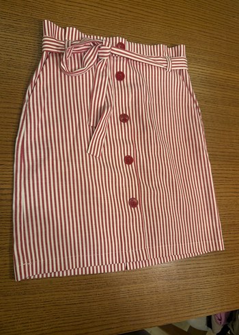 Koton Düğmeli Çizgili Kırmızı Midi Etek - Görsel 2