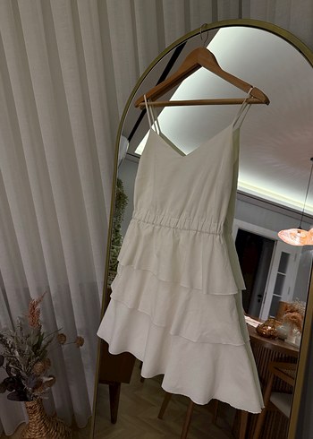 Koton Beyaz Keten V Yaka Fırfırlı Elbise - Görsel 3