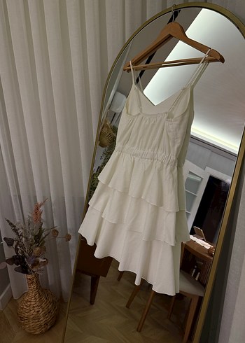 Koton Beyaz Keten V Yaka Fırfırlı Elbise - Görsel 4