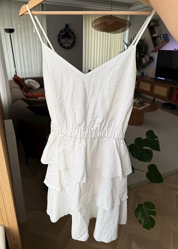 Koton Beyaz Keten V Yaka Fırfırlı Elbise - Görsel 2