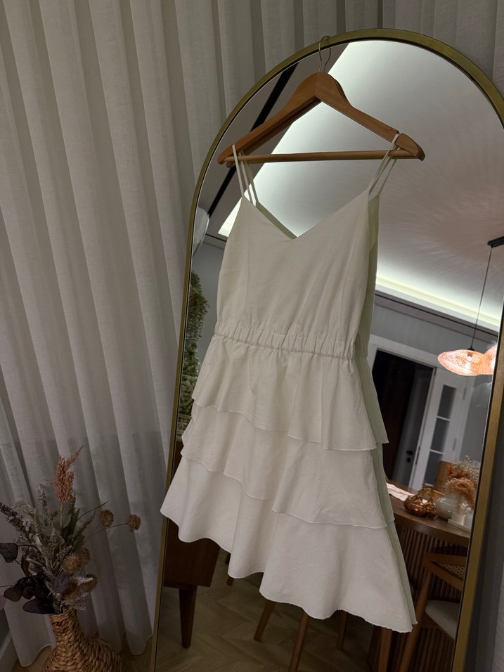 Koton Beyaz Keten V Yaka Fırfırlı Elbise - Görsel 3