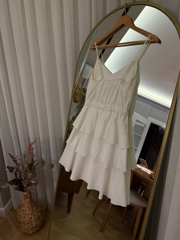 Koton Beyaz Keten V Yaka Fırfırlı Elbise - Görsel 4