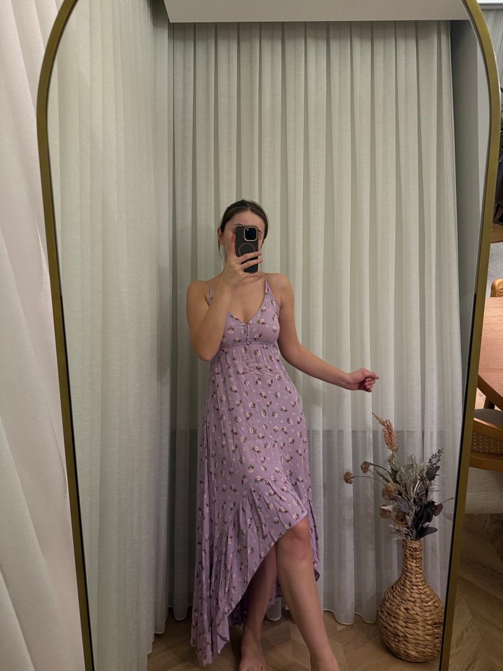 Mor V Yakalı Uzun Bohem Elbise - Görsel 5