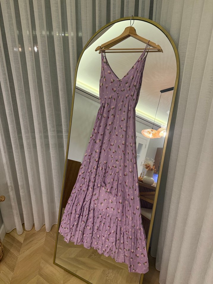 Mor V Yakalı Uzun Bohem Elbise - Görsel 2