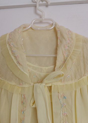 Sarı Vintage Midi Kadın Sabahlık gecelik ikili takim - Görsel 2