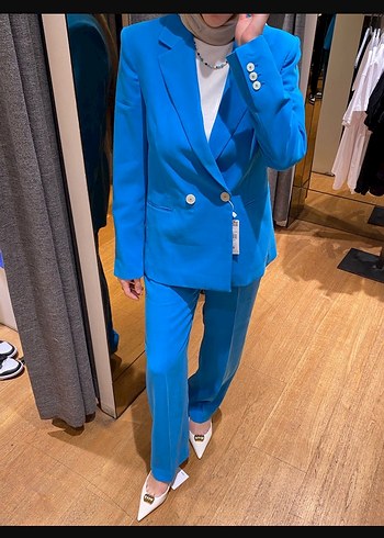 Mavi Düğmeli Kadın Blazer Ceket