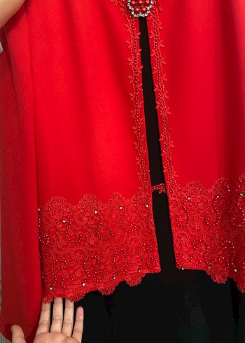 Kırmızı İşlemeli Uzun Kollu Kadın Elbise - Görsel 3