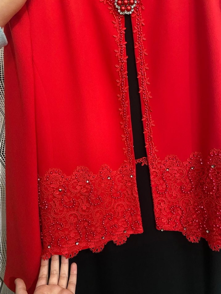 Kırmızı İşlemeli Uzun Kollu Kadın Elbise - Görsel 3
