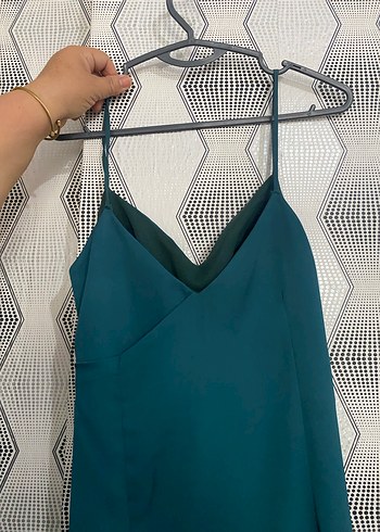 V Yaka Drapeli Turkuaz Midi Elbise - Görsel 5