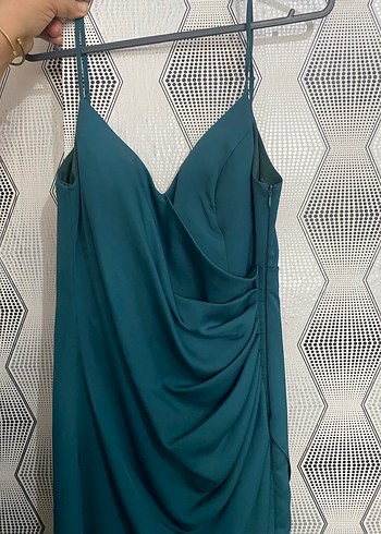 V Yaka Drapeli Turkuaz Midi Elbise - Görsel 4