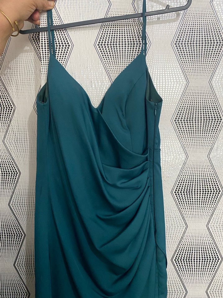 V Yaka Drapeli Turkuaz Midi Elbise - Görsel 4