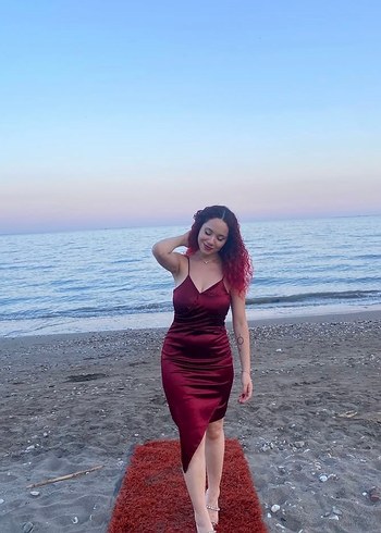 Bordo Parlak V Yakalı Drapeli Midi Elbise - Görsel 2