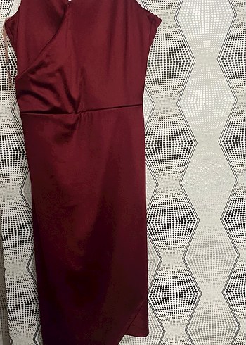 Bordo Parlak V Yakalı Drapeli Midi Elbise - Görsel 4