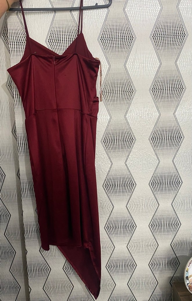 Bordo Parlak V Yakalı Drapeli Midi Elbise - Görsel 5