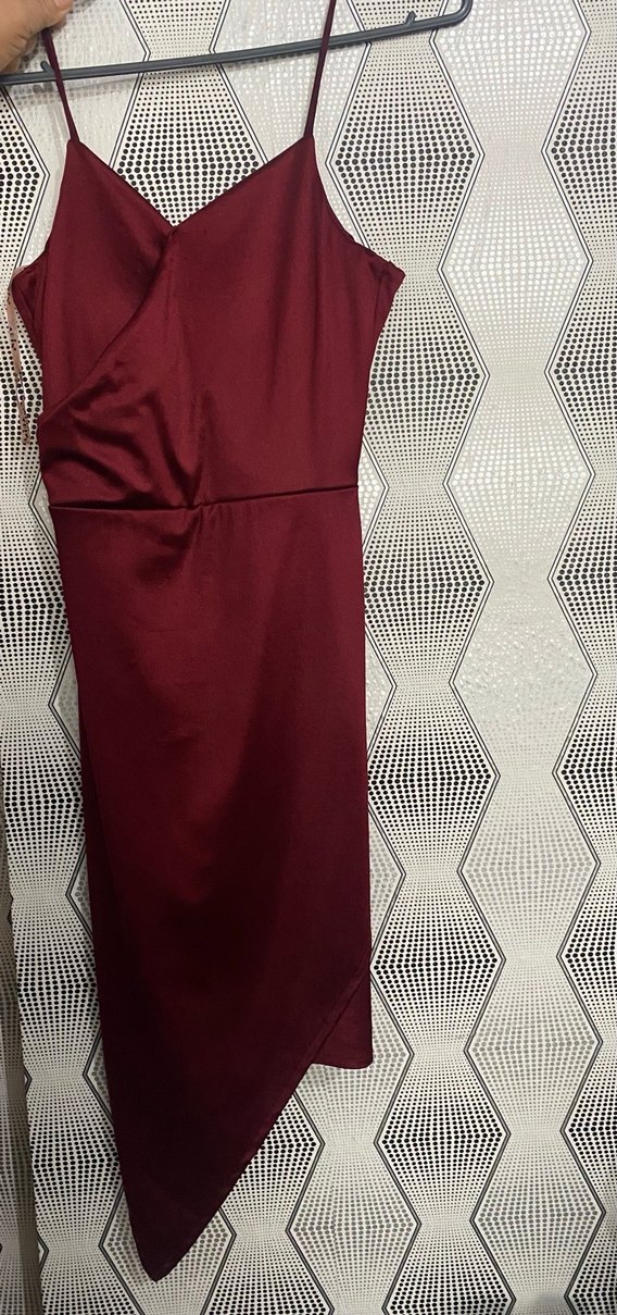 Bordo Parlak V Yakalı Drapeli Midi Elbise - Görsel 4