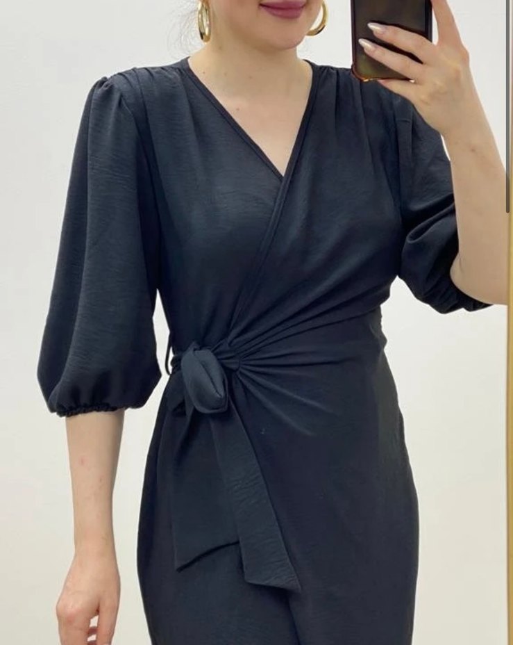 Siyah anvelop Midi Kadın Elbise - Görsel 2