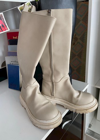 Bej Deri Dizüstü Kadın Çizme - Görsel 5