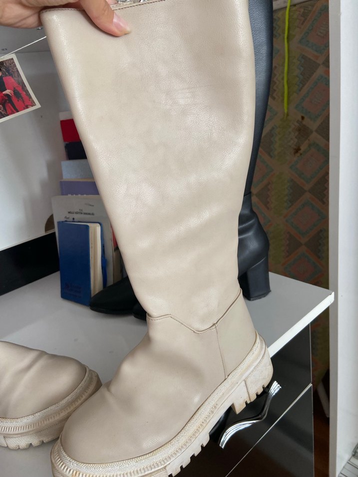 Bej Deri Dizüstü Kadın Çizme - Görsel 2
